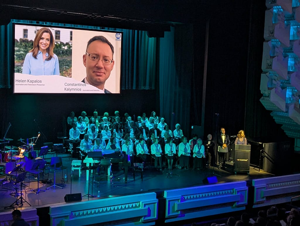 Hosts Constantinos Kalymnios and Helen Kapalos drove home the message of the offerings of the Greek language